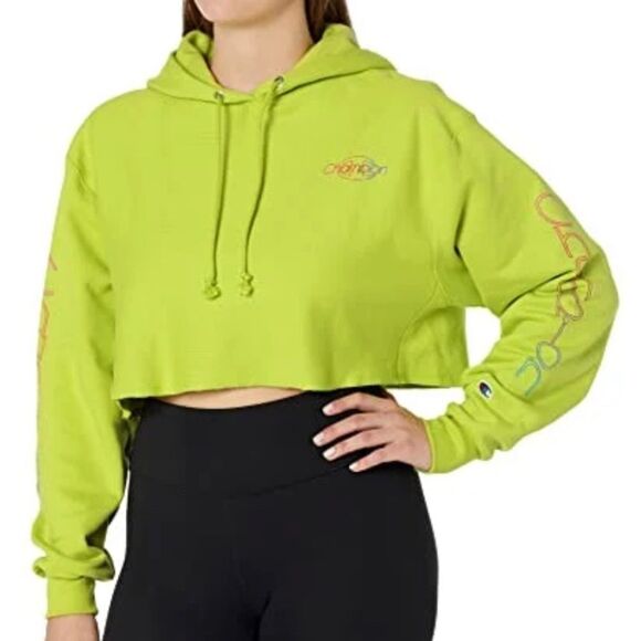 CHAMPION LADIES Reverse Weave Heavyweight Cropped Hoody Rainbow Logo Sweatshirt - Picture 2 of 9